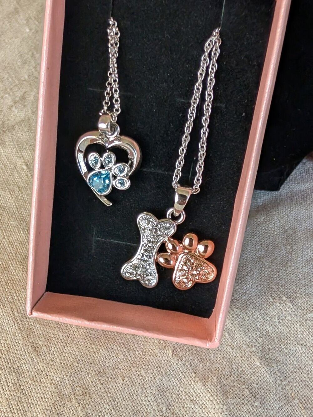 Two FAC Crystal Pet Lover Necklaces  Dog Bone, Paw Print & Heart Pendants